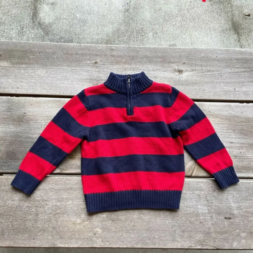 OshKosh b'Gosh‎ Boys Sweater Size 3T Red Navy Blue Striped 1/4 Zip